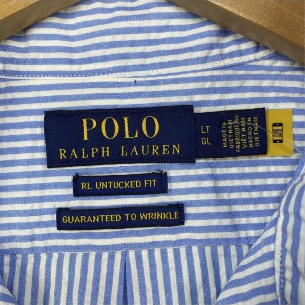 PRL Seersucker Blue Striped Short Sleeve Shirt Mens Large Tall Polo Ralph Lauren - Picture 8 of 11